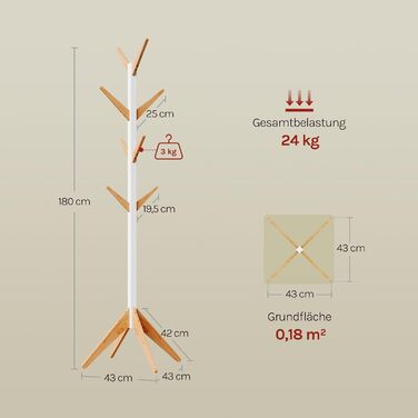 Вільхувана вішалка для одягу WOLTU з 8 гачками, дерев'яна, 180 см, білий+натуральний колір