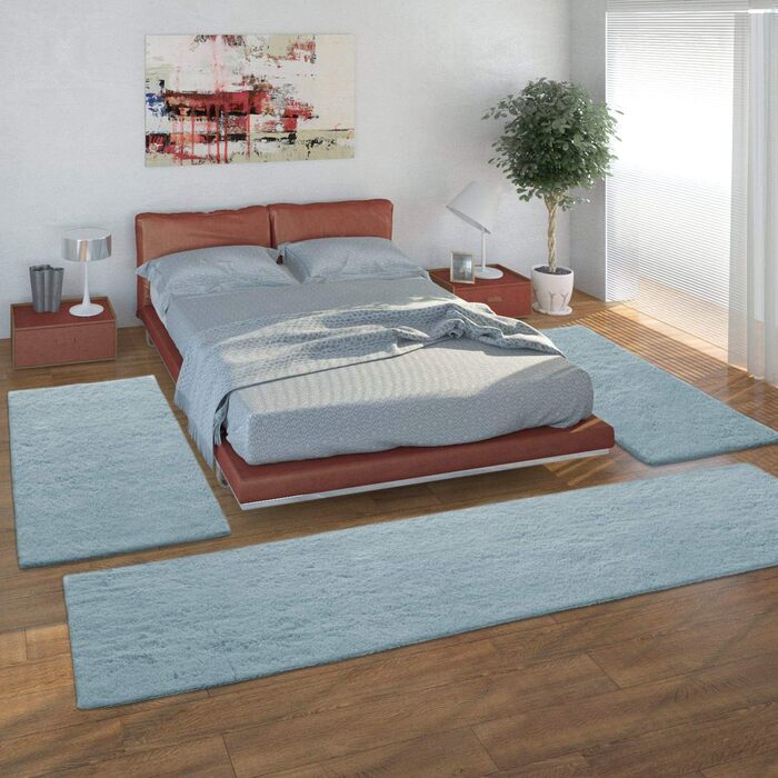 Килим з високим ворсом килимове покриття для спальні, що оточує ліжко зі штучного хутра з імітацією хутра пухнастий однотонний 3 шт. и, розмір колір (2 x 60x90 1 x 80x300, бірюзовий)