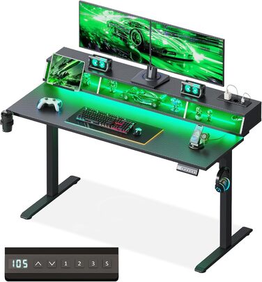 Офісний стіл для геймінгу OffiGo, 140 см, регульована висота, RGB LED, розетки, 3 полиці, тримач для напоїв та навушників, стільниця з карбону, білий (чорний)
