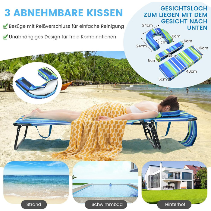 Лежак для відпочинку COSTWAY з отвором для обличчя, розкладний садовий лежак з 3 знімними подушками та 5-рівневим регулюванням спинки, лежак для пляжу, саду та басейну (Блакитно-зелений, 1 шт.)