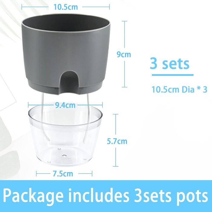Набір горщиків для квітів з пластику, 6 шт. з автополивом, 22.3/15.3/10.5/8.2 см, для кімнатних рослин, квітів та трав (10.5 см / 3 шт, сірий)