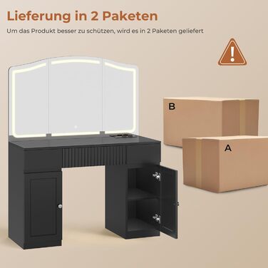 Великий туалетний столик AOGLLATI з великим дзеркалом та регульованою LED-підсвіткою. Косметичний столик з розетками, 3 висувними ящиками та 2 шафками. Сучасний туалетний столик для спальні (білий/чорний)