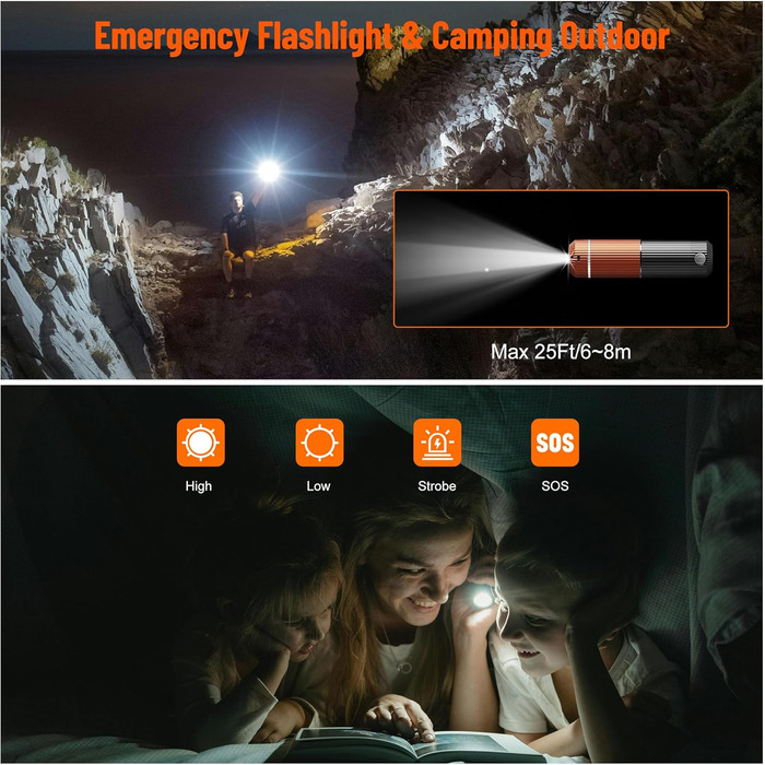 Електричний гріє для рук з ліхтариком, 2 шт., 5000mAh, магнітний, 5 температурних режимів, портативний, для жінок, зимовий подарунок, для зимових видів спорту, indoor/outdoor, чорний та помаранчевий