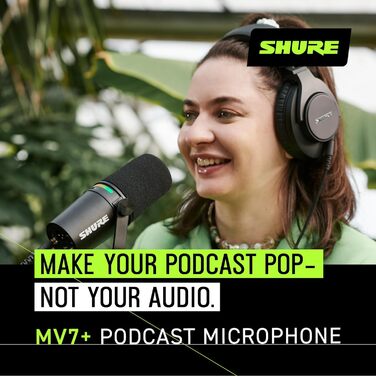 Мікрофон Shure MV7+ для подкастів, студійний, USB-C/XLR, LED-панель, авто-рівень, цифровий поп-фільтр, ефекти, для запису, стрімінгу, чорний