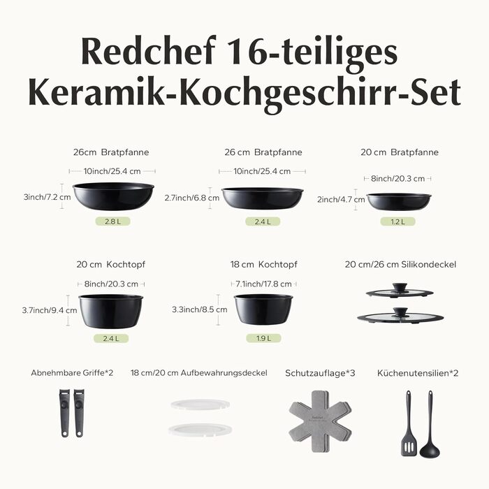 Набір посуду Redchef 16 предметів: антипригарна кераміка, знімні ручки, сковорідки 20/26 см, глибока сковорідка 26 см, каструлі 18/20 см, підходить для всіх плит, духовки, зелений