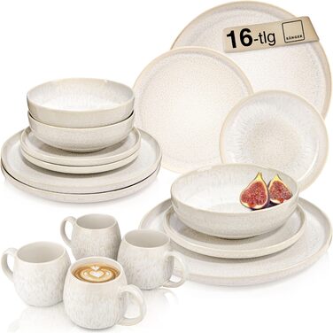 Набір посуду SÄNGER Korfu на 16 осіб, кераміка ручної роботи, сервіз для 4 осіб, кремові кольори з піщаною текстурою