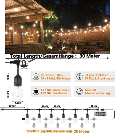 LED гірлянда Achin 15M для зовнішнього використання, тепле біле світло 2700K, 25+2 лампочки G40 E12, диммування, для саду, вечірки, тераси