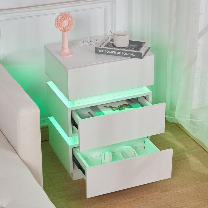 Нічний столик з розеткою та LED, нічний комод з функцією зарядки та USB, 2 висувні ящики (45x35x46/62 см, білий, набір 2 шт.)