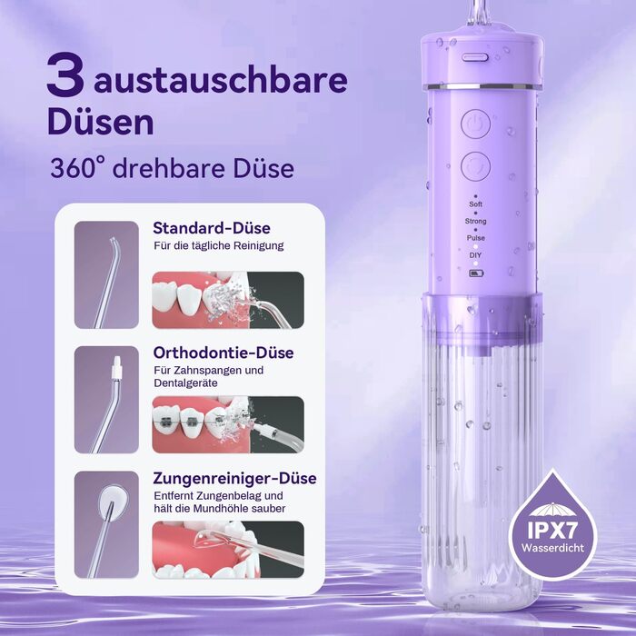 Портативний електричний іригатор для зубів JTF Munddusche Mini - бездротовий, 5 насадок, 4 режими, 230 мл, водонепроникний (фіолетовий)