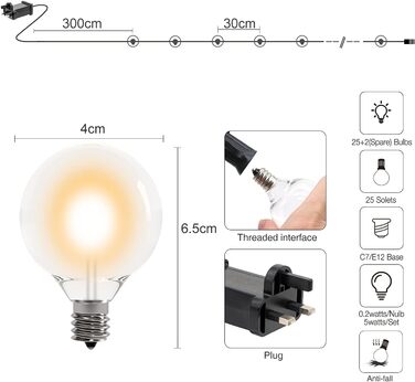 Сонячна гірлянда для вулиці Litogo з 25+2 лампочками G40, 8 режимів, диммування, пульт ДУ, тепле світло, для балкона, саду, тераси (UK Plug)