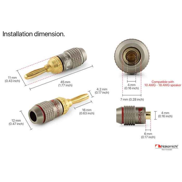 Банан-штекери Nakamichi FanLock 24K з позолоченим покриттям, 10-18 AWG, 4 мм, 24 шт. и (12 пар) для Hi-Fi аудіо