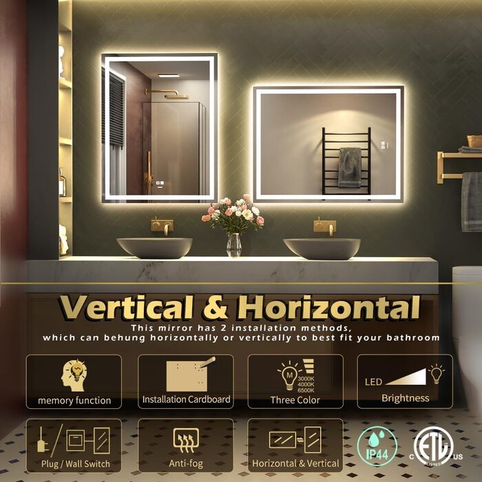 Дзеркало для ванної кімнати LED з підсвічуванням, комодне дзеркало для макіяжу, настінне, 6500K, антитуманне, IP44, 90 x 60 см