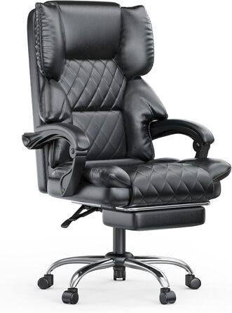 Офісний крісло-шезлонг для кухні від NaspaLuro з підніжкою, чорного кольору. Ергономічний комп'ютерний стілець з PU шкіри, м'якими підлокітниками та регульованою спинкою. Регульована висота, поворотний механізм. Без підігріву.