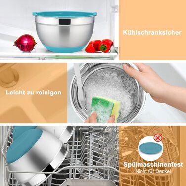 Набір мисок Onader з нержавіючої сталі: салатники з кришкою та 3 терками для кухні. Об'єм: 4л, 2.8л, 2.5л, 1л, 1.2л, 0.7л. Складається з 6 мисок, можна складати та мити в посудомийній машині.