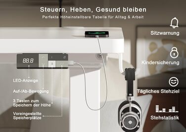 Електричний підйомний стіл Devoko 160x80 см, ергономічний комп'ютерний стіл для роботи стоячи та сидячи, подвійний мотор, пам'ять, USB-C, білий