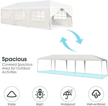 Садова альтанка KOMFOTTEU 3x9 м, шатро з 8 бічними стінками, намет з навісом з металевим каркасом, пивний намет із захистом від ультрафіолету, шатро для вечірки, весілля, білий