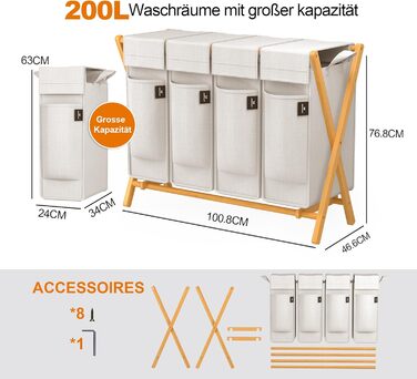 Кошик для білизни AdelDream з 3 відділеннями, 150л, бамбук, сортувальник, сірий