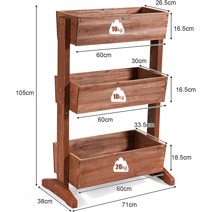 Вертикальна грядка COSTWAY з 3 рівнями, 6 контейнерами для квітів, дерев'яний ящик для тераси, балкона або саду 126x90x115 см (коричневий)