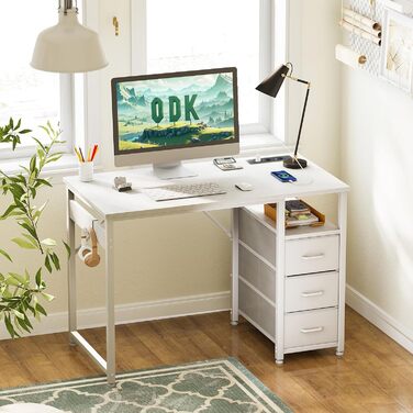 Комп'ютерний стіл ODK з 3 висувними ящиками, 100x48x75.5 см, з розетками та USB, білий. Перевертається, для дому та офісу