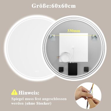 LED-дзеркало для ванної кімнати з підсвічуванням, кругле, 50 см, сенсорне керування, регулювання яскравості, функція пам'яті, дзеркало з HD-скла, захист від вибуху, запобігання запотіванню, 3 кольори світла, 60x60 см