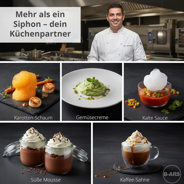 Кухонний сифон B-ARS з алюмінію, 500 мл, білий – аксесуар для холодних мусів та десертів, без системи тиску, з нержавіючою сталевою насадкою, придатний для миття в посудомийній машині