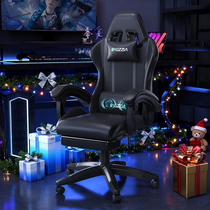Ігровий крісло Bigzzia з масажем та підніжкою, ергономічний, регульована спинка 90-135°, чорний