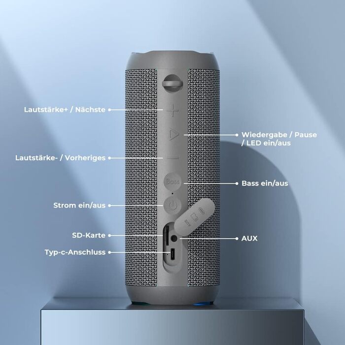 Портативна Bluetooth колонка RIENOK з підсвіткою, IPX7, 3600 mAh, баси, стерео звук (Сірий)