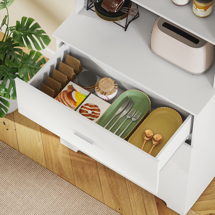 Стильна шафа-стелаж з висувними ящиками та відкритими полицями для вітальні або кухні. 79x39,5x180 см, білий колір.