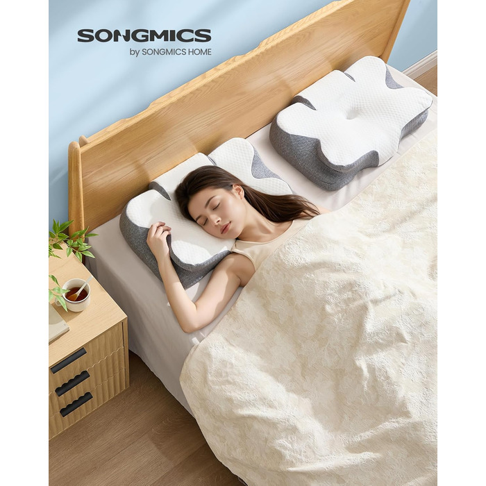 Ергономічна подушка SONGMICS з ефектом пам'яті (Memory Foam), регульована за висотою, для сну на боці, спині та животі, біло-сіра TBP051GZ02