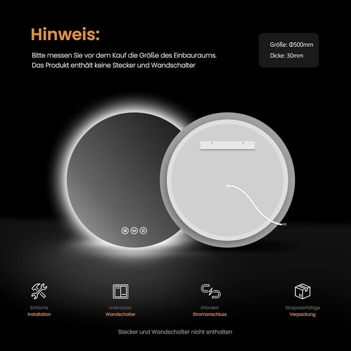 Дзеркало для ванної кімнати EMKE з підсвічуванням, діаметр 80 см, 3 кольори світла, регулювання яскравості, антизапар, сенсорне управління, функція пам'яті, енергозберігаюче, без рамки (50x50 см)