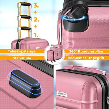 Набір валіз KESSER® 3шт. з жорстким корпусом: велика, середня, маленька. Рожевий колір. Валіза-тролі, валіза-чемодан, валіза на колесах з замком, ABS-пластик, телескопічна ручка, вага в комплекті.