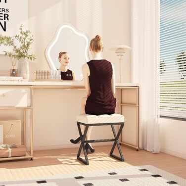 Пуф для макіяжу YMYNY, пуф-табуретка з льону, пуф для туалетного столика з металевими ніжками X-подібної форми, 40x30x46 см, бежевий (HBD033G)