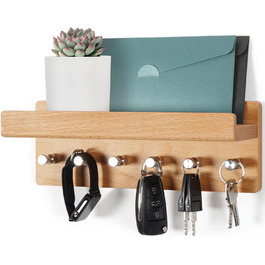 ДОМЦЕ дерев'яна ключниця з полицею, дерев'яна коробка для ключів, тримач для ключів з гачком з нержавіючої сталі, стінка для зберігання ключів, ключниця