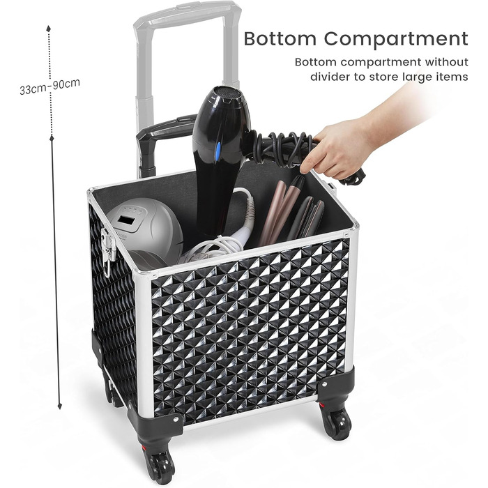 Ягетеч Косметичка-Тролі 4-в-1, Великий Косметичний Ящик для Макіяжу, Закривається на Замок, Багатофункціональний Ящик для Візажистів, Красота з Коліщатками та Висувною Шухлядою (Блискучий Чорний)