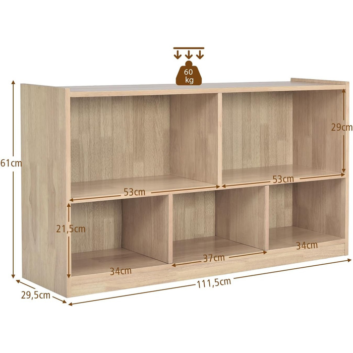 Дитяча шафа для іграшок COSTWAY дерев'яна, полиця для іграшок з 2 великими відділеннями та 3 маленькими відділеннями, відкрита, дитяча полиця для іграшок, ляльок та книг, (дуб, 111 x 30 x 61,5 см)