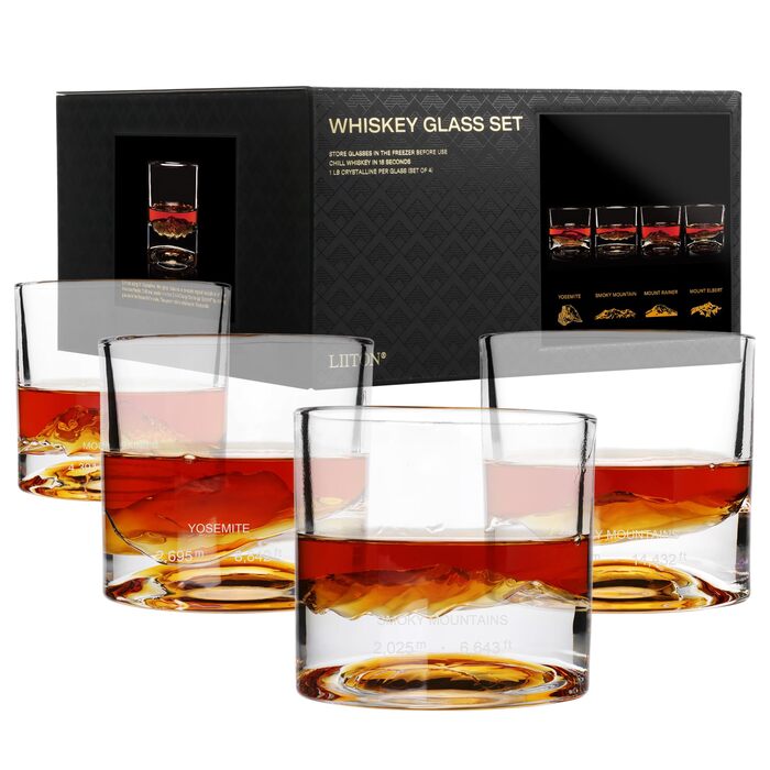 Набір склянок для віскі LIITON American Peaks Kristall 4 шт., 300 мл, для охолодження коктейлів, подарунок для чоловіків