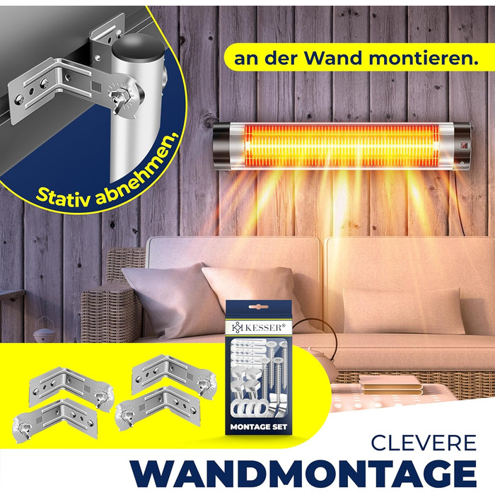 Інфрачервовий обігрівач KESSER® 2500W з пультом дистанційного керування та захисним чохлом, телескопічна стійка, для тераси, кварцовий нагрівач, срібний