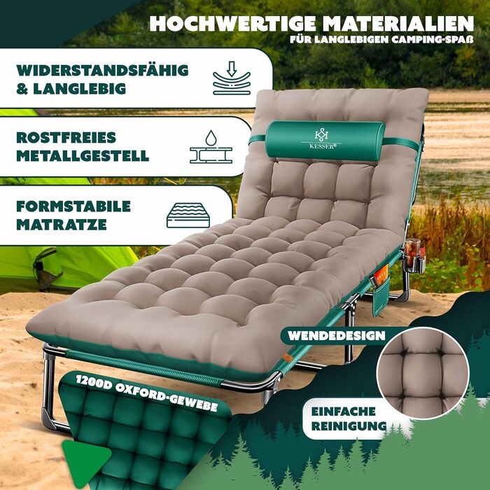Розкладне кемпінгове ліжко KESSER з преміум-матрацом 190x68x30 см, польове ліжко до 250 кг з подушкою, кишенею та підстаканником, для відпочинку на природі та дому, колір Зелений/Тауп
