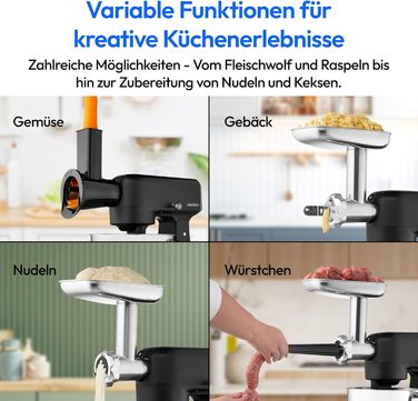 Кухонна машина MEDION MD12600: м'ясоподрібнювач, 4.6л чаша з нержавіючої сталі, тихий DC-двигун, 800 Вт, набір дисків для тертя, шинкування та нарізання, сенсорний дисплей, міксер, тістоміс