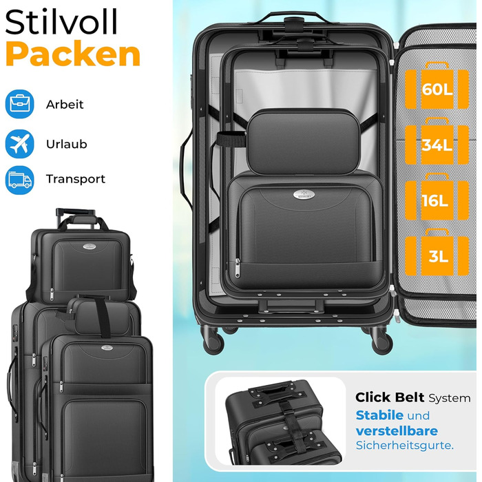 Набір валіз KESSER® 4 шт. | Чотири валізи з тканини з кодовим замком TSA, 360° колесами та телескопічною ручкою | Косметичка, ручна валіза та великі валізи для подорожей та бізнесу (Антрацит)