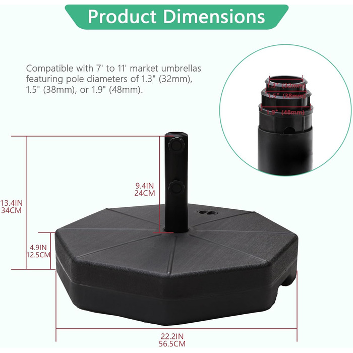 Обтяжувач для парасольки Helios&Hestia Robuster, 50,8 кг, чорний, пластиковий, для вулиці, тераси, ринку