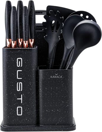 Набір ножів Karaca Gusto 12 предметів з обробною дошкою та кухонними аксесуарами, з нержавіючої сталі, ергономічні ручки, чорний колір