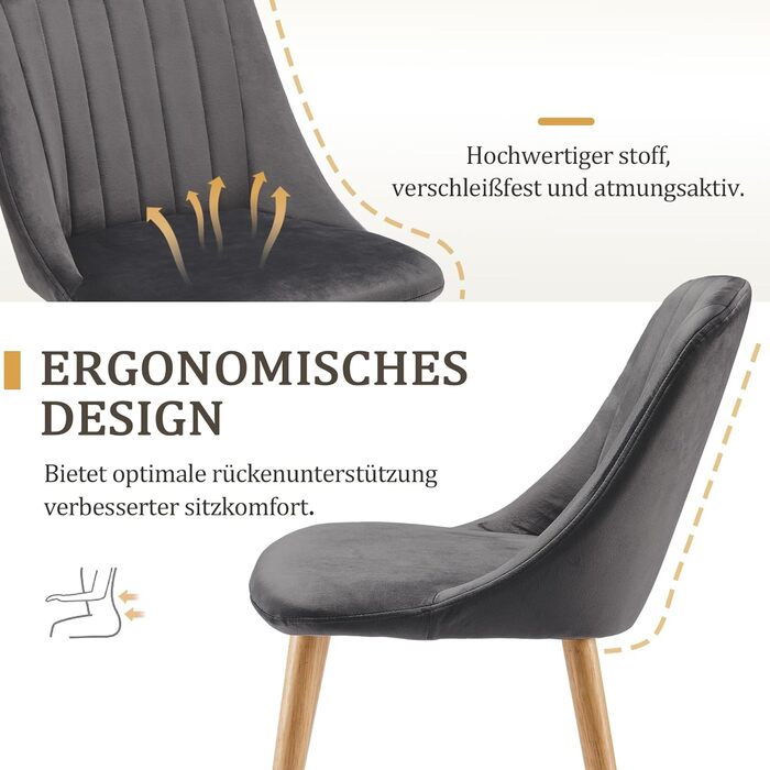 Набір обідніх стільців з дерев'яними ніжками, з м'яким сидінням, для кухні, вітальні, офісу (6 шт., темно-сірий)