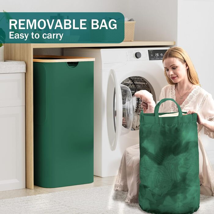 Кошик для білизни Youdenova з кришкою, великий, 160л, бамбук/дерево, сортувальник, білий