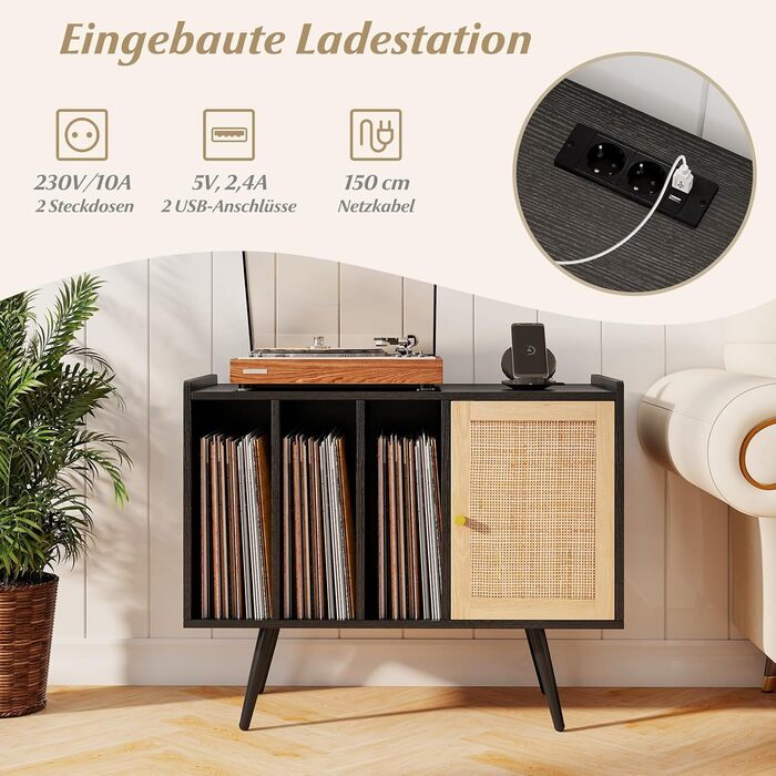 Підставка для програвача COSTWAY з зарядною станцією, стійка для вінілових програвачів, шафа для зберігання платівок, ротанговий дерев'яний шафчик, стіл для зберігання 220 платівок, 80 x 40 x 65 см (Чорний)