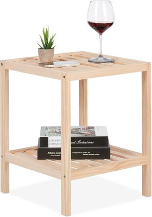 Журнальний столик, дерево, ВхШхГ 50 x 40 x 40 см, Стіл для вітальні з 2 полицями, квадратний журнальний столик, натуральний