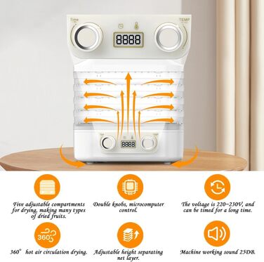 Дегідратор RANJIMA з 5 полицями, регулятором температури 35-70C, таймером для м'яса, овочів та фруктів