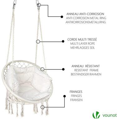Підвісне крісло-гойдалка VOUNOT з полицею для книг та подушкою, Ø 80 см, бежеве, X-Large, для дому та саду