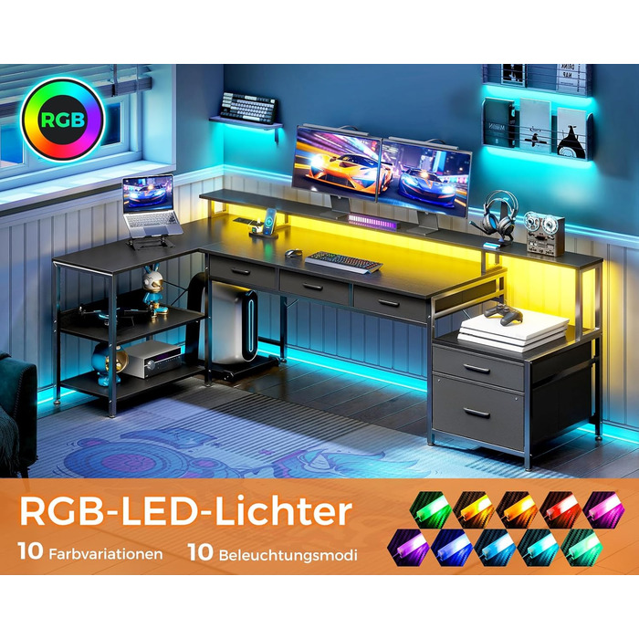 Комп'ютерний стіл Coleshome L-подібний з ящиками, 195x100 см, з розеткою, LED-підсвічуванням та підставкою для монітора, геймінговий стіл, чорний