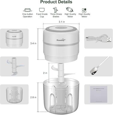 Міні-насадка для нарізання цибулі BlumWay, міні-часниковий подрібнювач 250 мл Електричний подрібнювач овочів з 3 гострими лезами для часнику, овочів, фруктів і м'яса, мультиподрібнювач